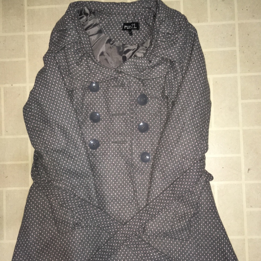 💐Rue 21 Grey with Pink Polka Dots Pea Coat. Large